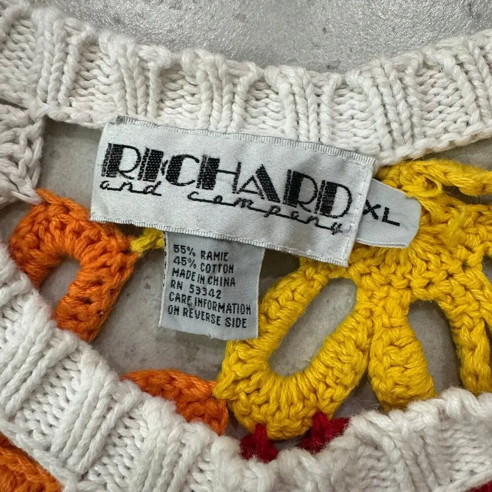 VINTAGE 80s Floral Crochet Mesh Handknit Unique Sweater Size XL Multicolor RARE